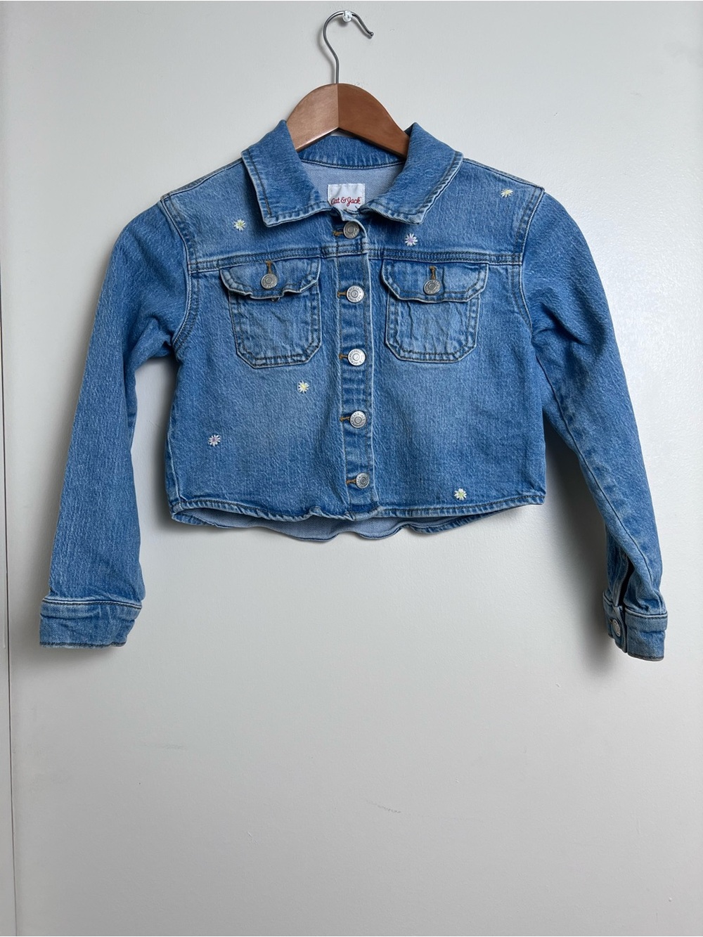 Cat & Jack Girls Size 8 Daisy Embroidered Cropped Denim Jean Jacket